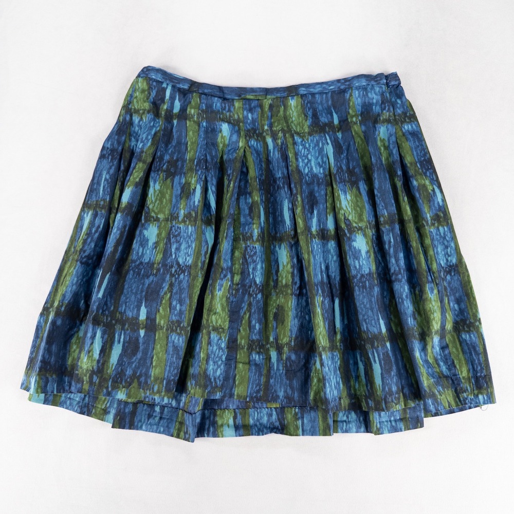 Talbots Woman Petites Skirt 16WP Blue Green Abstract Ikat Plaid Pleated A-Line